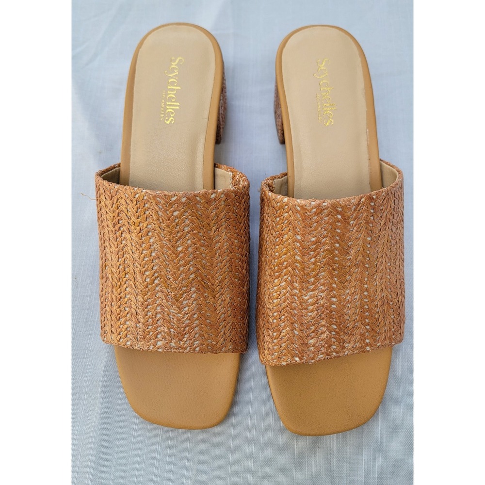 Seychelles Woven Raffia Block Heel Slide Sandals Tan Cognac Square Toe Mules 9.5